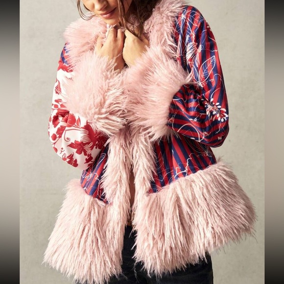 Luxe boho floral print fur coat jacket - Picture 2 of 8